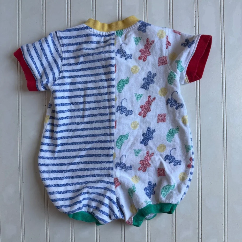 Vintage 90s Gymboree Baby Romper Primary Colors Striped Animal Print 100% Cotton